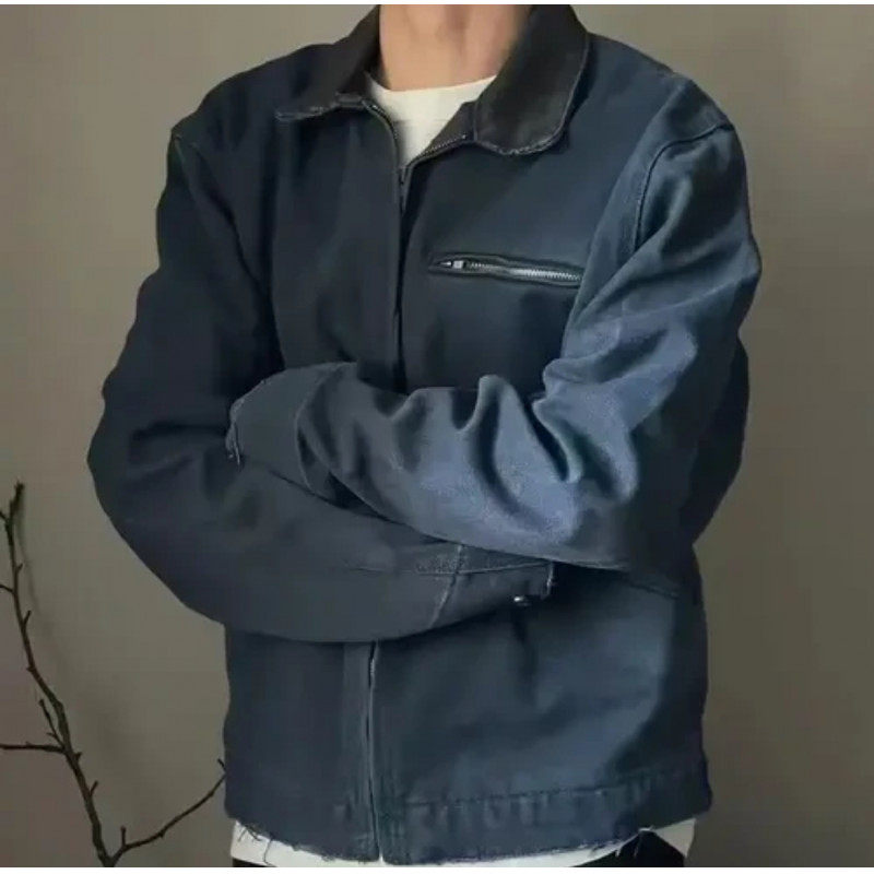 American retro short wide vintage vintage trendy workwear zipper jacket for men