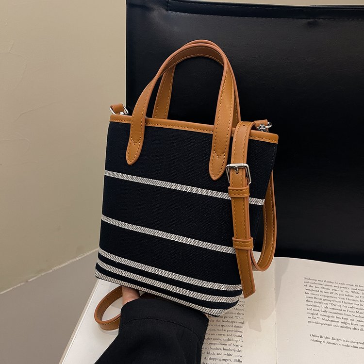 High-end bags for women 2024 new autumn and winter denim hand-held bucket bag striped handbag crossbody bag