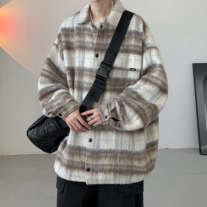 Extra large size small fragrance long woolen coat men's autumn lapel shirt jacket top