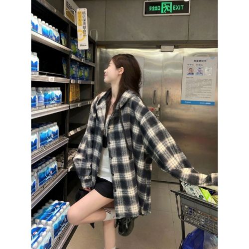 Retro lazy style contrasting color long-sleeved plaid shirt jacket women's autumn loose casual hooded top for small people