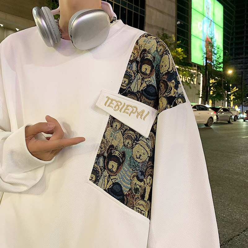 American bear embroidery cartoon round neck sweatshirt oversize loose pullover