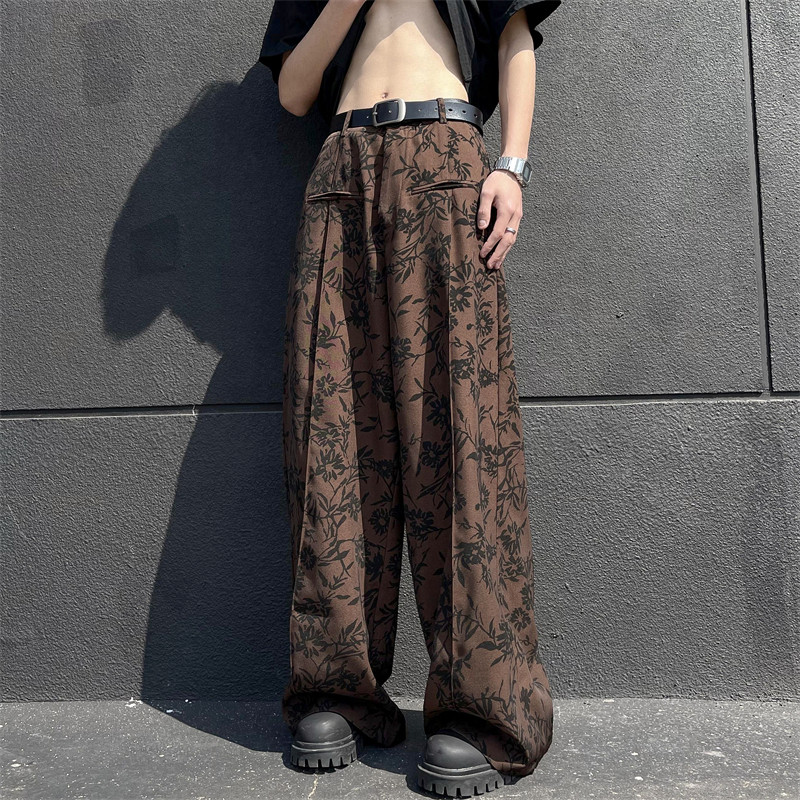 Retro niche new Chinese style Japanese ink flower wide leg pants floor mopping stacked trousers non-iron casual long pants for men