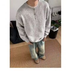 New autumn and winter high-end solid color versatile v-neck buttoned sweater