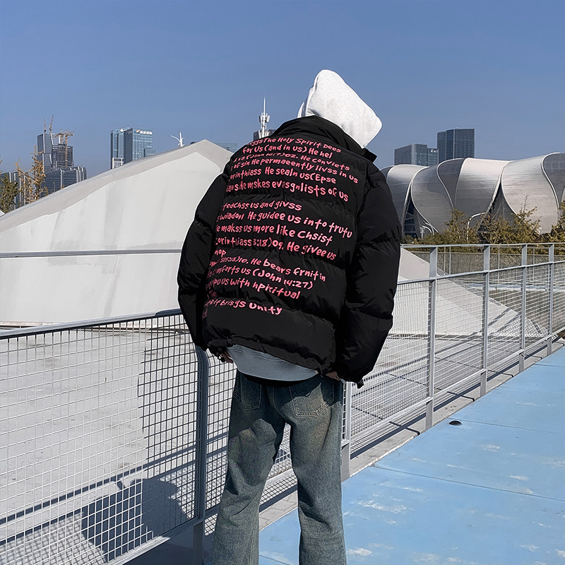 National trend American letter stand collar cotton coat for men and women autumn and winter thickened men's bread jacket