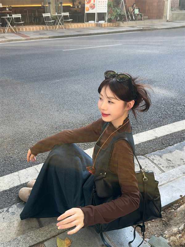Retro washed distressed denim sleeveless dress simple turtleneck bottoming shirt two-piece suit