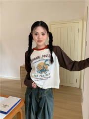 Real shot and real price Designed contrasting raglan cartoon short long-sleeved T-shirt