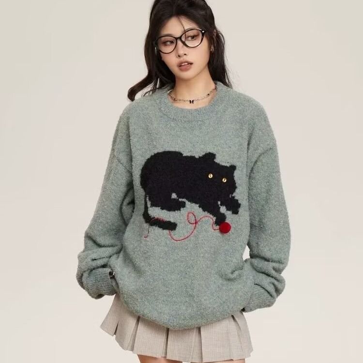 2024 New Lazy Style Soft Waxy Sweater Women's Loose Versatile Kitten Sweater Niche Design Versatile Sweater