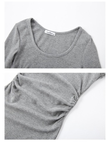 Pure sexy sexy round neck tight-fitting slim pleated long-sleeved bottoming dress with hip-hugging short skirt