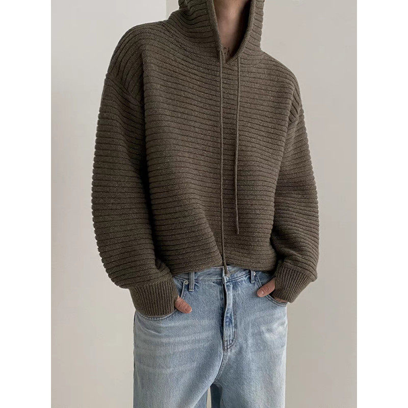 pitted textured knitted hooded sweater
