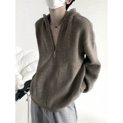 Niche half-zip hooded sweater men's solid color lazy high-end autumn and winter knitted cardigan jacket