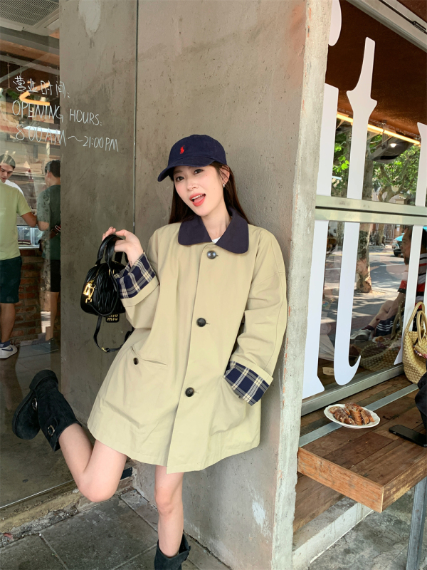 Designed lapel short windbreaker women's autumn loose plaid splicing jacket
