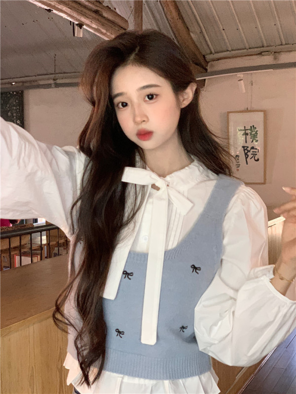 Real shot and real price~New Korean style bow embroidered knitted vest lace-up shirt sleeveless vest shirt suit