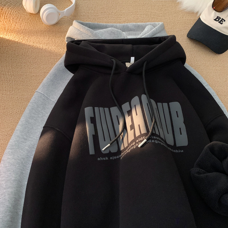 Winter American style velvet thickening heavy letter print hooded sweatshirt for men