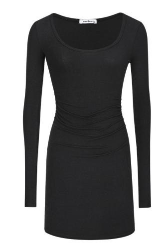 Pure sexy sexy round neck tight-fitting slim pleated long-sleeved bottoming dress with hip-hugging short skirt