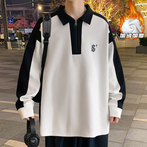 Plush fleece outdoor large size lapel printed long-sleeved T-shirt