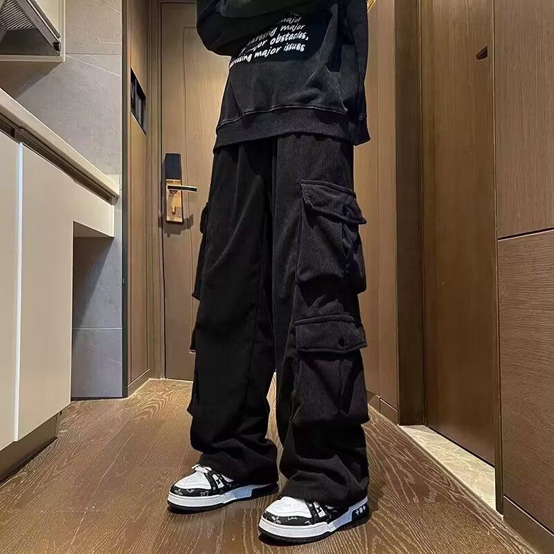 Solid color youth multi-pocket overalls men's autumn trendy straight straight style new regular