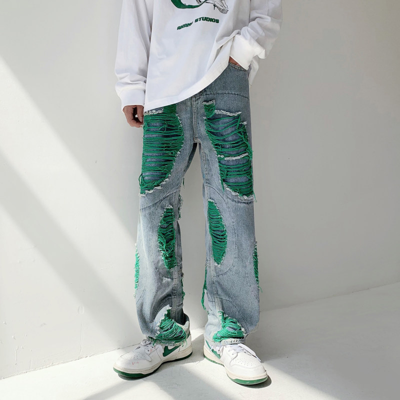 Fashionable loose ripped contrast color jeans for trendy men