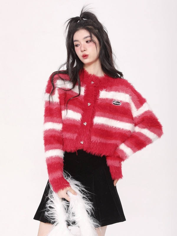Trendy red striped sweater imitation mink short hot girl style Christmas and New Year sweater top