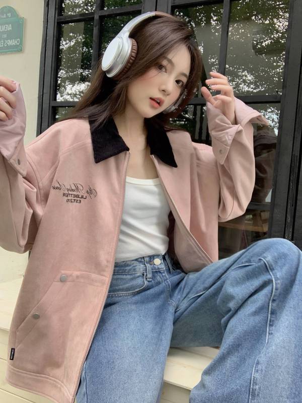Double-layered embroidered original lapel zipper jacket