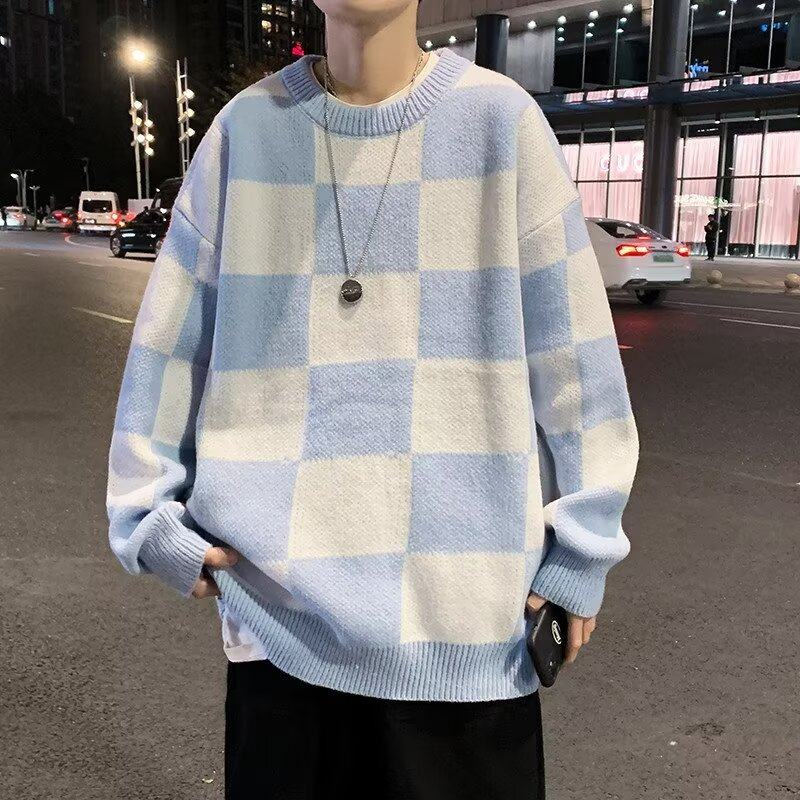Autumn and winter round neck sweater men's plaid ins Hong Kong style loose student handsome versatile casual sweater