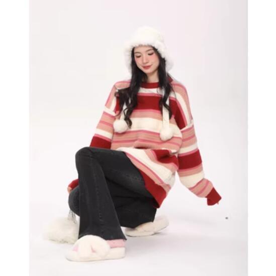 Trendy red striped sweater for women New Year's red loose lazy style Christmas red sweater top autumn