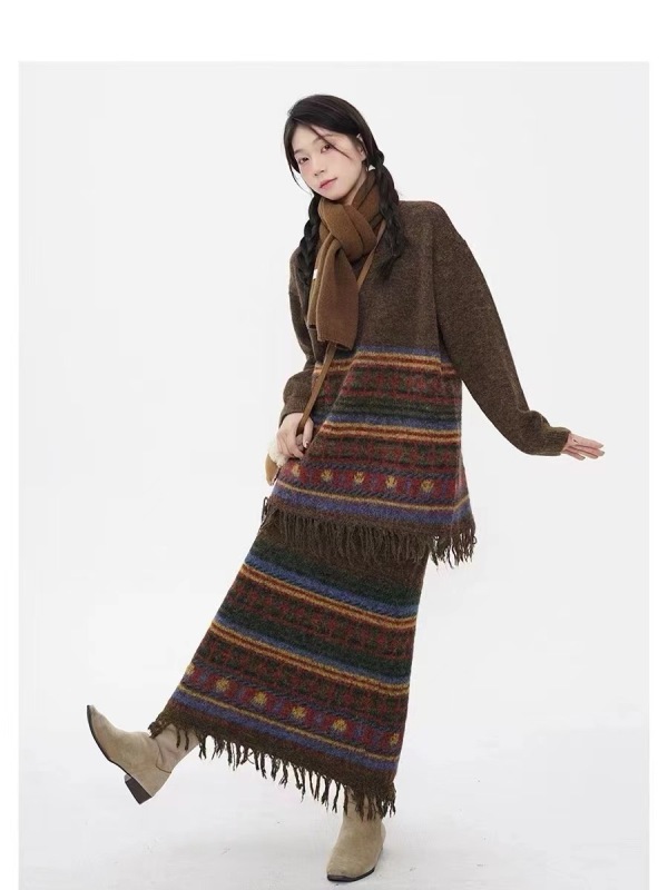 Ethnic retro tassel knitted sweater skirt two-piece set
