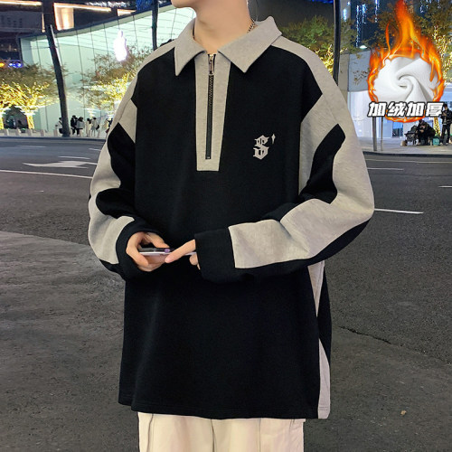 Plush fleece outdoor large size lapel printed long-sleeved T-shirt