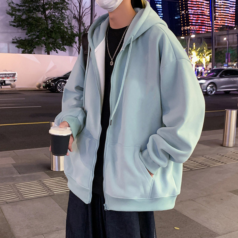 Trendy brand casual solid color hooded American sweatshirt men's autumn and winter Hong Kong style loose zipper cardigan couple jacket jacket