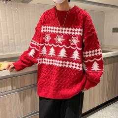Japanese retro rhombus twist Christmas red sweater for male couple winter lazy style pullover sweater top