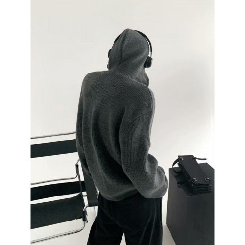 Niche half-zip hooded sweater men's solid color lazy high-end autumn and winter knitted cardigan jacket