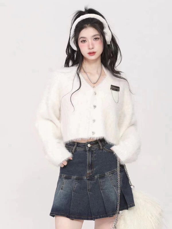 National trend homemade trendy brand spring and autumn milky sweater cardigan women's short v-neck loose commuter sweater long-sleeved top