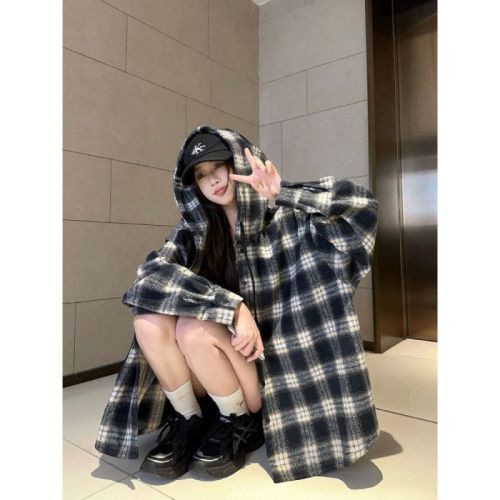 Retro lazy style contrasting color long-sleeved plaid shirt jacket women's autumn loose casual hooded top for small people