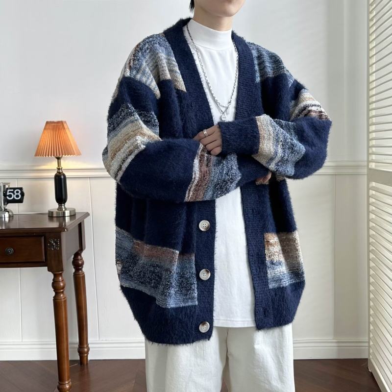 Sweater men's autumn and winter new loose striped splicing long-sleeved men's knitted cardigan jacket