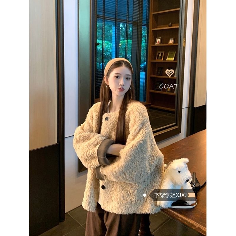 High-end Korean buttoned fur coat for women autumn 2024 new milk tea color plush warm casual loose top