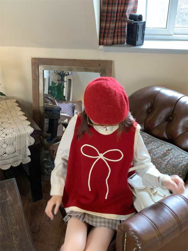 Actual shot ~ real price ~ new Korean style sweet and fresh bow contrasting color knitted vest