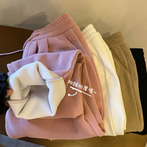 Women's Winter Korean Style High Waisted Slim Drawstring Granny Pants with Velvet and Thickening, Versatile Straight Leg Casual Pants