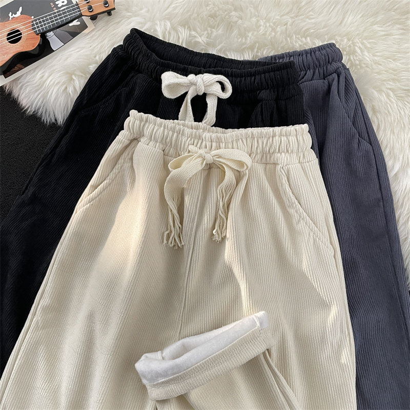 Autumn and winter new Hong Kong style Japanese retro plus velvet corduroy wide-leg straight casual pants