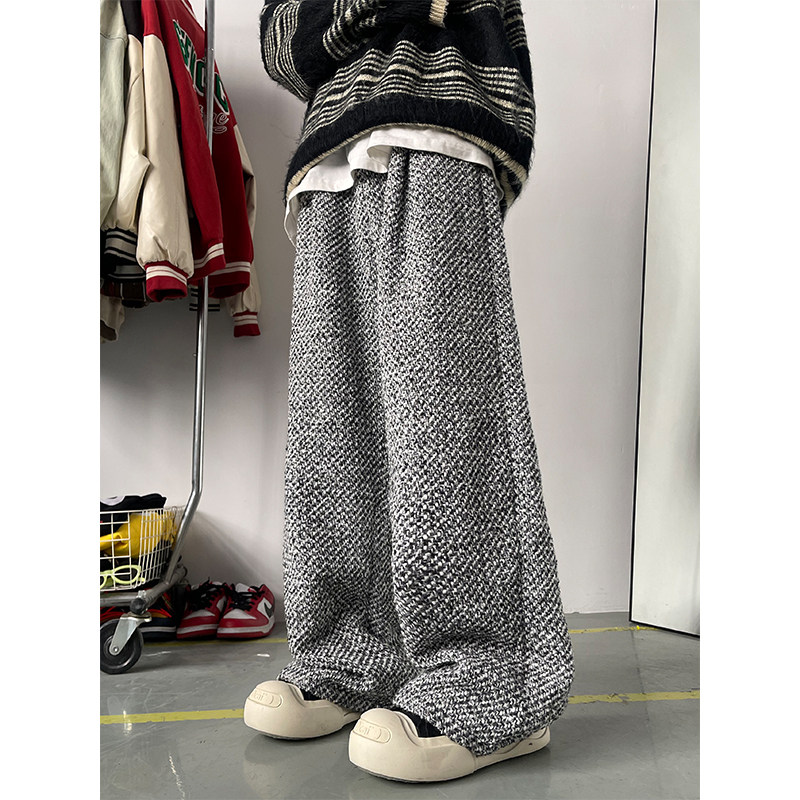 Autumn and winter Xiaoxiang style shag wide-leg pants casual pants solid color versatile trousers