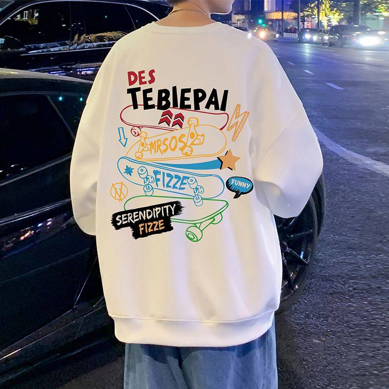Sports skateboard printed round neck sweatshirt for men spring and autumn long-sleeved bottoming shirt loose jacket