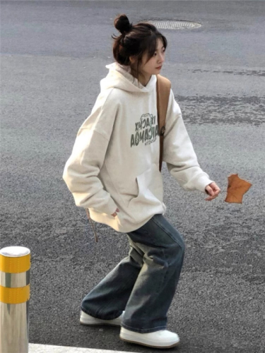 Letter printed hooded white and gray sweatshirt for women in autumn 2024 new hot style loose student lazy style jacket