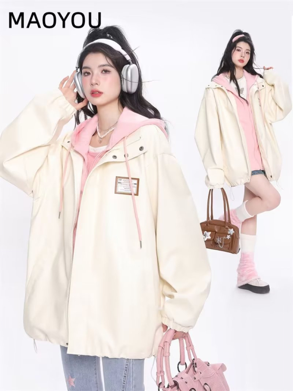 Autumn and winter new fake two-piece hooded men's and women's workwear baseball uniform jacket loose versatile casual jacket