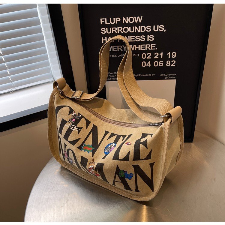 Letter Canvas Bag Women's 2024 Gentlewoman New Fashion Contrast Color Pillow Bag Versatile Shoulder Messenger Bag
