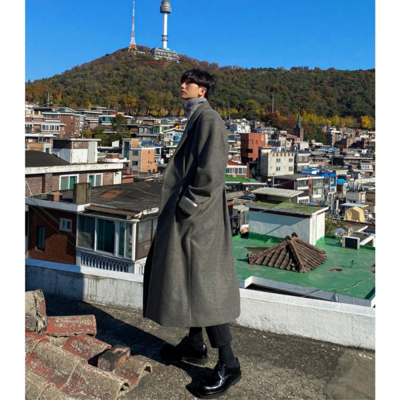 Autumn and winter Korean style high-end woolen coat men's medium-length shoulder-padded and knee-length loose British style woolen windbreaker jacket