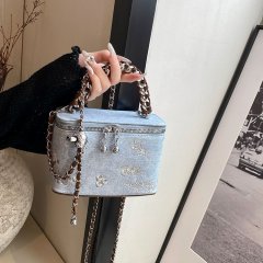 High-end denim box bag for women 2024 new summer fashion single shoulder crossbody bag chain casual handbag