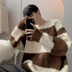 Autumn Hong Kong style striped lazy style jacquard color block pullover crew neck sweater for men