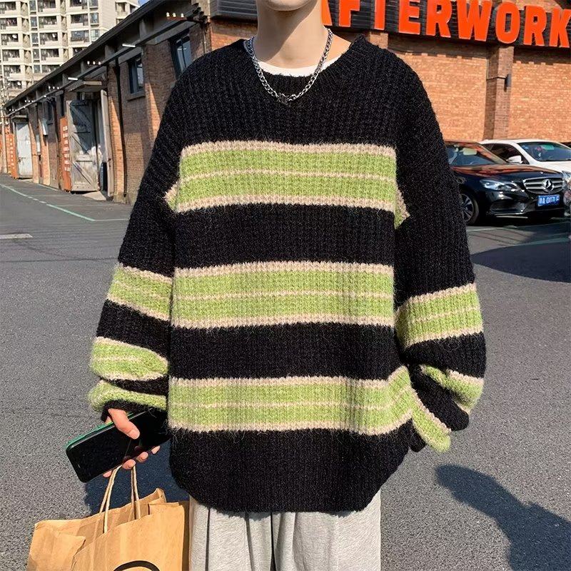 Casual men's long-sleeved youth popular pullover contrasting color winter round neck striped sweater new trendy sweater