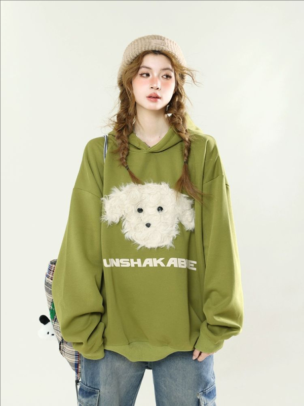 Plush cute puppy patch loose casual versatile couple hooded sweatshirt women long-sleeved top jacket