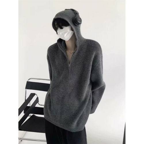 Niche half-zip hooded sweater men's solid color lazy high-end autumn and winter knitted cardigan jacket