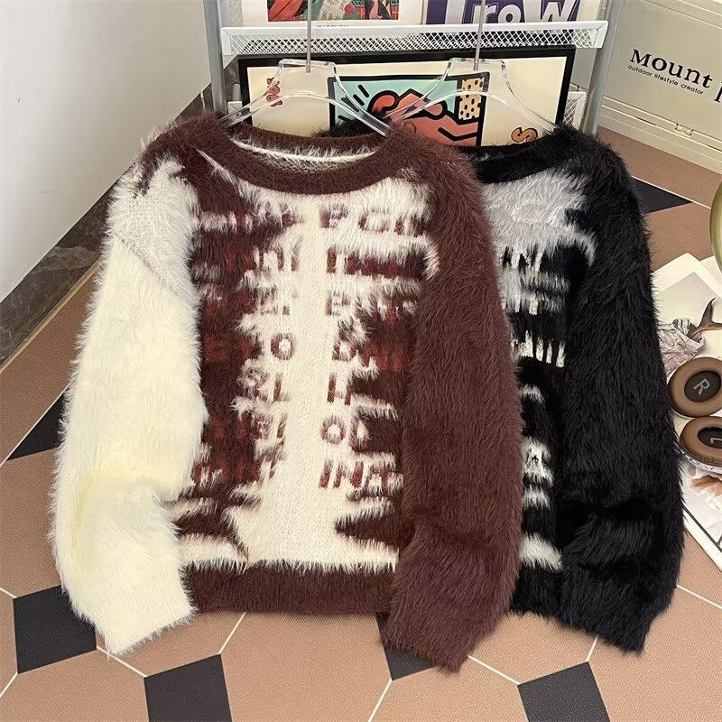 New autumn and winter American high street imitation mink sweaters for men and women loose lazy style knitted sweaters soft waxy tops