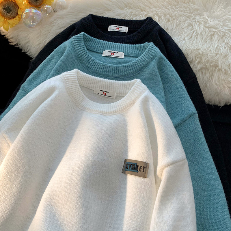 Men's couple's knitted round neck solid color small label bottoming sweater for men